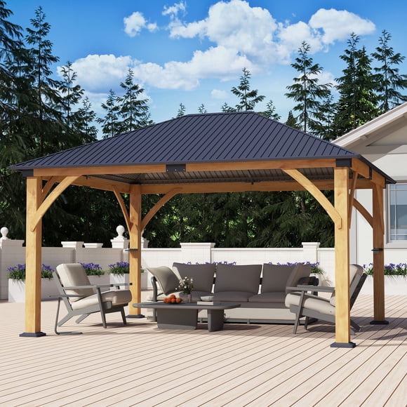 Howsvn 13 ft. x 15 ft Outdoor Hip Roof Spruce Wooden Gazebo, Heavy-duty Hard Top Steel Metal Roof Gazebo Pavilion, Weather Protected Permanent Canopy for Patio, Garden, Backyard