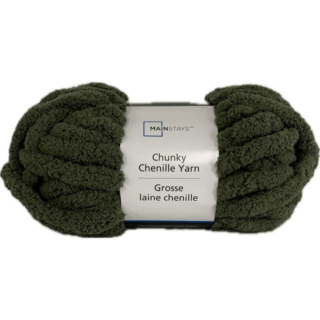 Mainstays Fil Chenille Épais, 31,7 Vg, Écheveau de Fil polyester super Volumineux Vert olive avec une surface Chenille Douce et Texturée, Idéal pour le Tricot, le Crochet et les Projets d'Artisanat, Souvent Utilisé pour des Articles de Déco Maison Douillets.