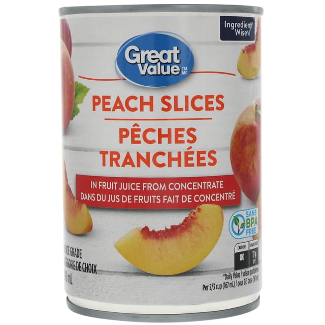 Great Value Peach Slices in Fruit Juice from Concentrate can featuring sliced clingstone peaches packed in sweet fruit juice, with bilingual English and French labels, BPA-free packaging, and nutrition facts, suitable for desserts or snacks.
