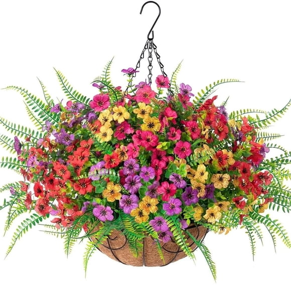Artificial Hanging Flowers Plants with Basket Spring Outdoor Outside Decoration Faux Colorful in Planter Look Real Home Porch Patio Balcony Yard Decor