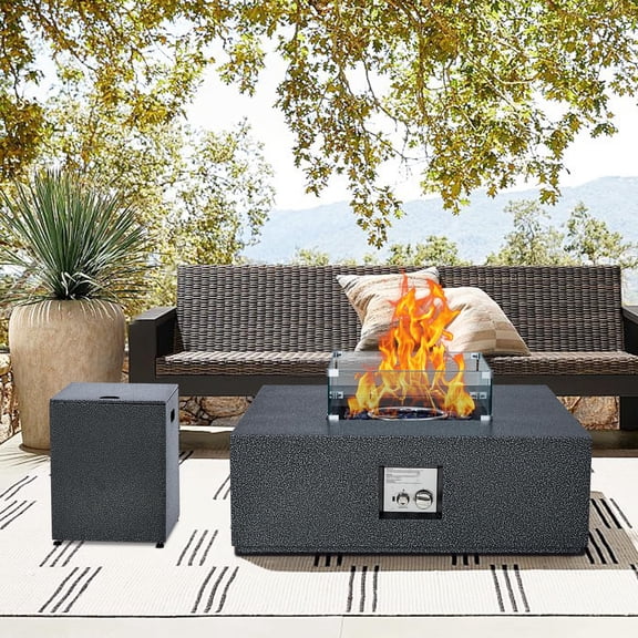 AKDSteel 36" Patio Fire Pit Table with Glass Wind Guard, Side Table for Gas Tank, Lava Stones, and Rain Cover, 50,000 BTU Outdoor Propane Heater