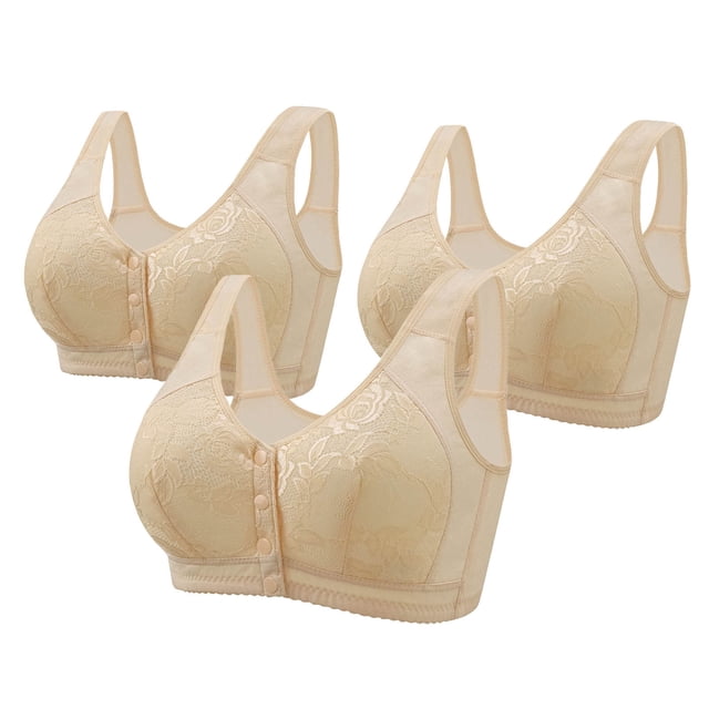 Sentmoon 3PC Bras for Women No Underwires Plus Size Bras for Older Women Breathable Front Closure with Snaps Floral Lace Embroidery Push up Seamless Sleep Bralettes for Daily Commute Beige 42/95