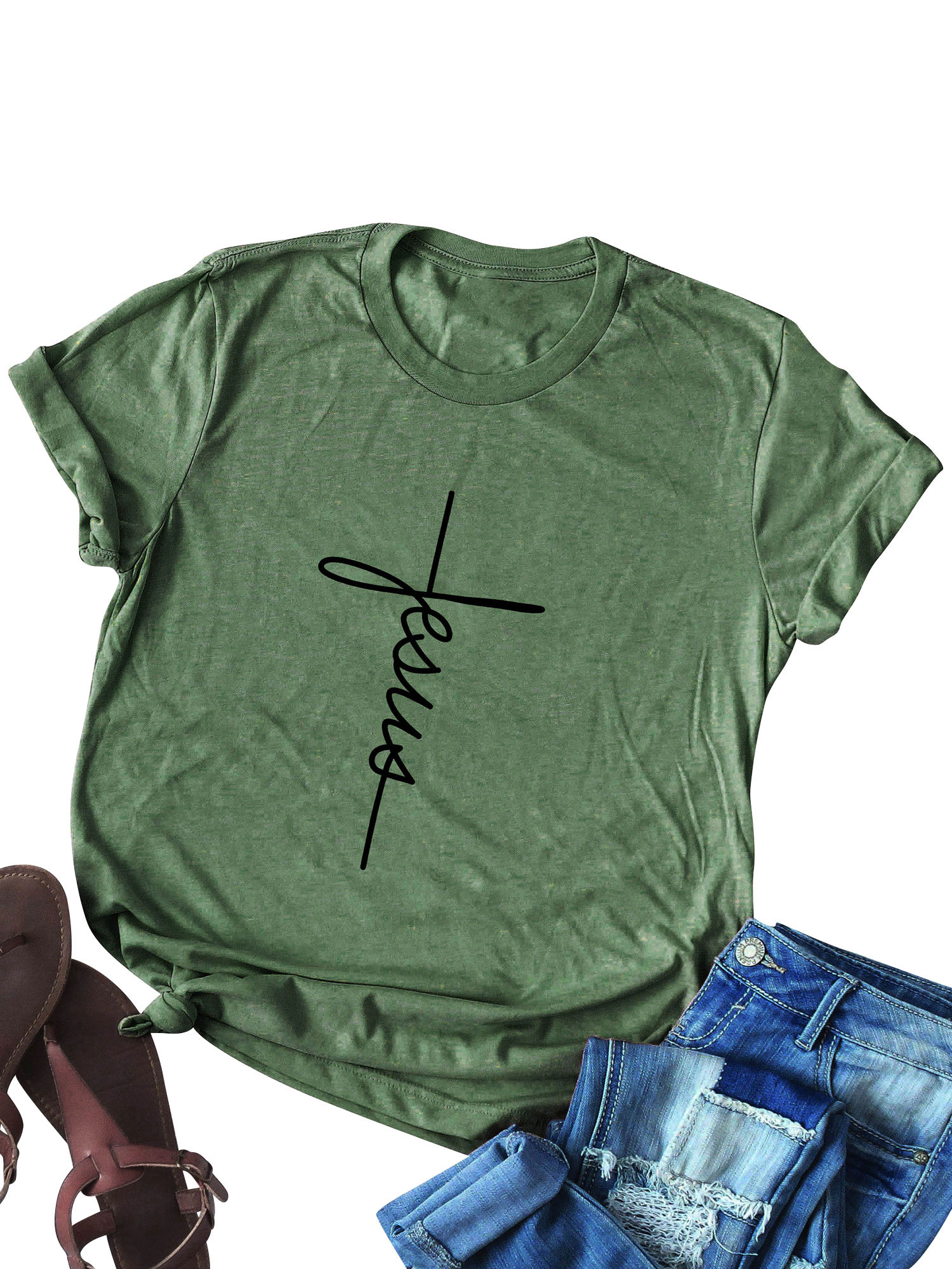 Women's Short Sleeve Jesus Letter Print Christian Tee Tops