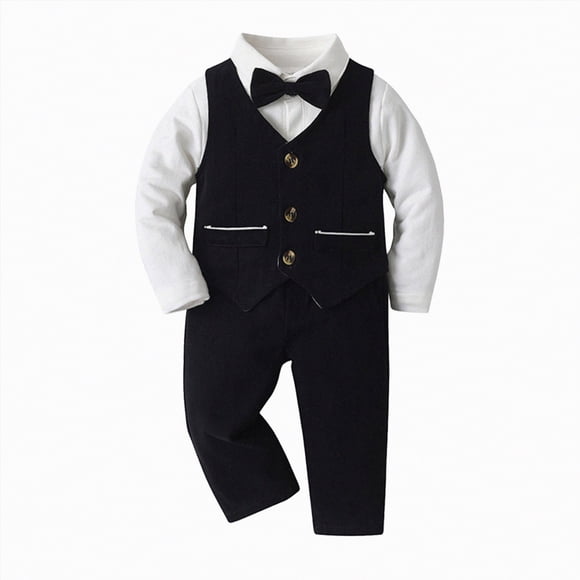 Zanarzt Boys Christmas Suit Toddler Boys Long Sleeve Shirt Romper Bodysuit Pants Coat with Tie 4pcs Child Kids Gentleman Outfits Black,3-6 Months