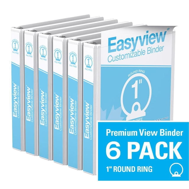 Davis Group Easyview Premium customizable view binder 6 pack with 1-inch round rings, white and blue covers with clear overlays on front, spine, and back for custom inserts, PVC-free polypropylene material, and back-mounted rings for flat page viewing, suitable for presentations and reports.