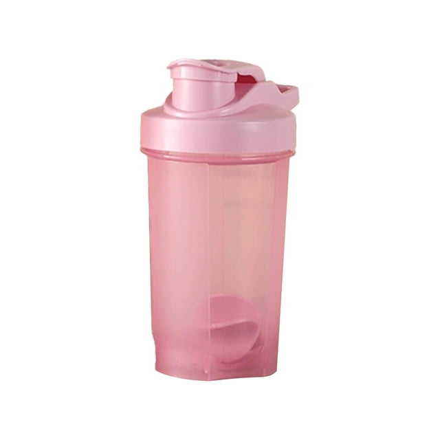 yulier Shaker Bottle for Protein Mixes, 500ml, in pink, featuring a built-in mixing ball and scale for precise measurements. The bottle has a flip lid with a leak-proof spout and a large mouth design for easy cleaning. Compact and portable, ideal for gym workouts or outdoor activities.