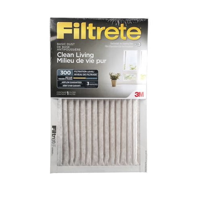 Filtrete™ Clean Living Basic Dust Filter MPR 300, a pleated white furnace filter with electrostatically charged fibers that capture dust, lint, and pollen, shown in packaging featuring a window and plant image, designed for seasonal replacement every 3 months to improve indoor air quality.