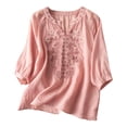 thumbnail image 1 of RKSTN Hauts pour Femmes Coton et Lin Brodés Manches Courtes Col Rond Blouses Amples Grande Taille Couleur Unie Hauts Polyvalents, 1 of 3
