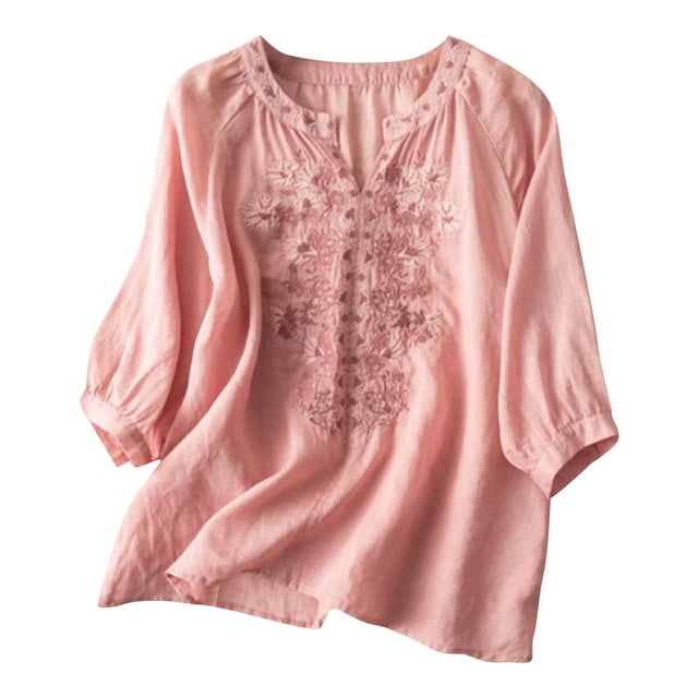 RKSTN Hauts pour Femmes Coton et Lin Brodés Manches Courtes Col Rond Blouses Amples Grande Taille Couleur Unie Hauts Polyvalents