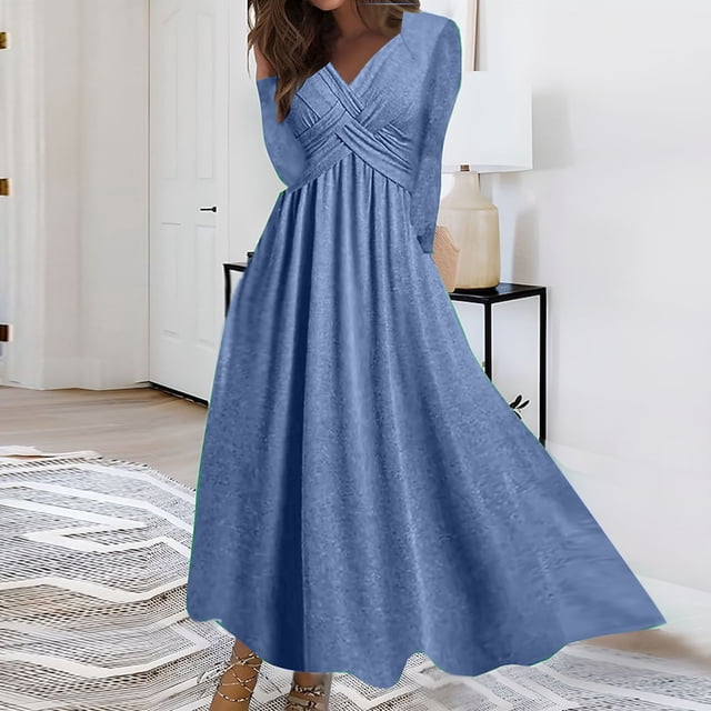 Pisexur Robe à Manches Longues à Col en V pour Femme Automne Hiver Décontractée Ample Couleur Unie Robe Longue à Manches Longues à Col en V Robe pour Femme en Liquidation