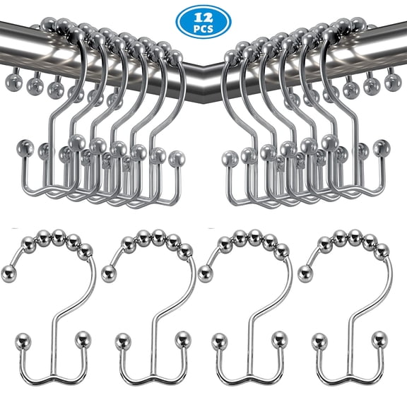 NimJoy Set of 12 Double Shower Curtain Hooks, Easy Glide Metal Rollerball Shower Ring Hook, Plated Chrome Finish