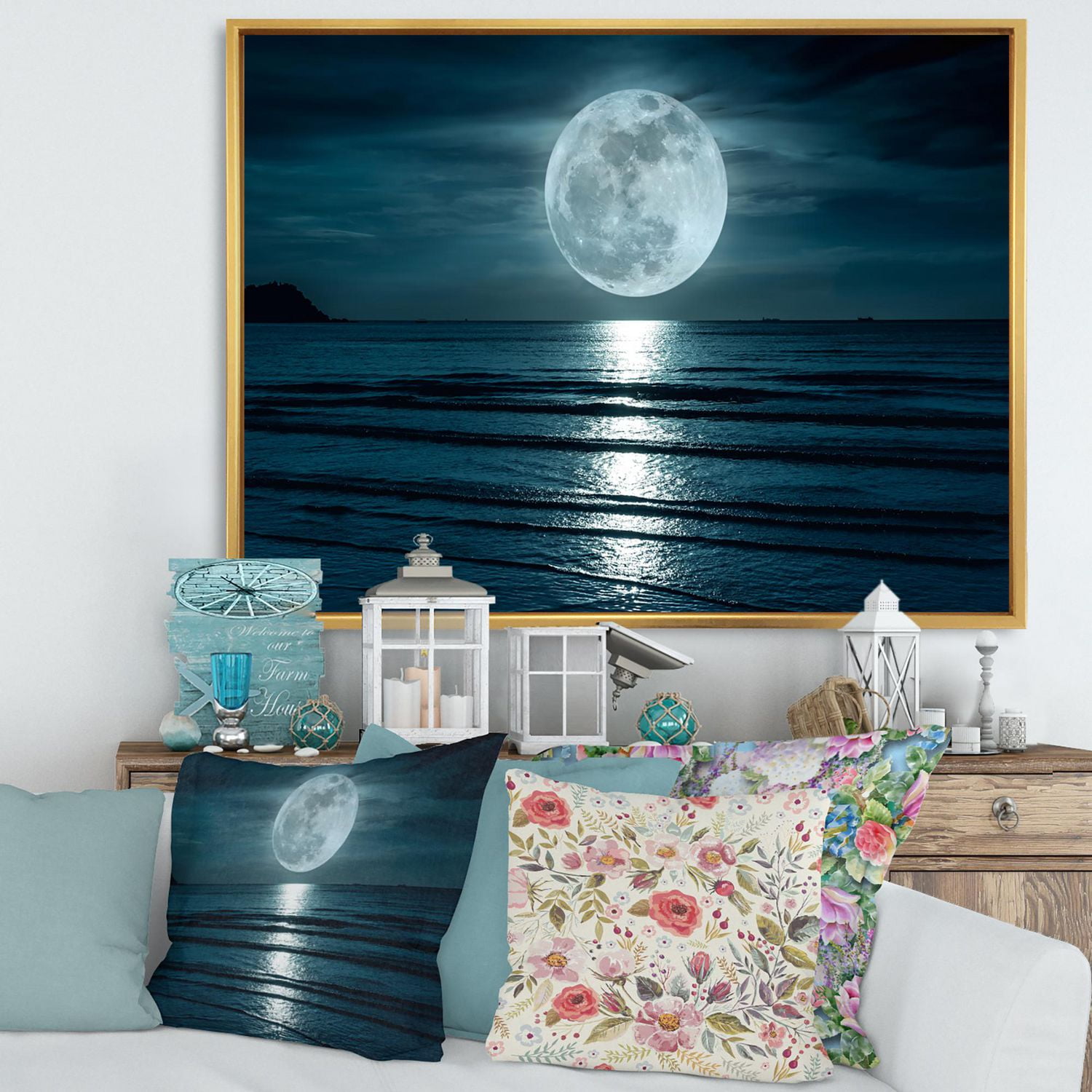 Designart Super lune sur la mer I ART MURAL À CADRE FLOTTÉ