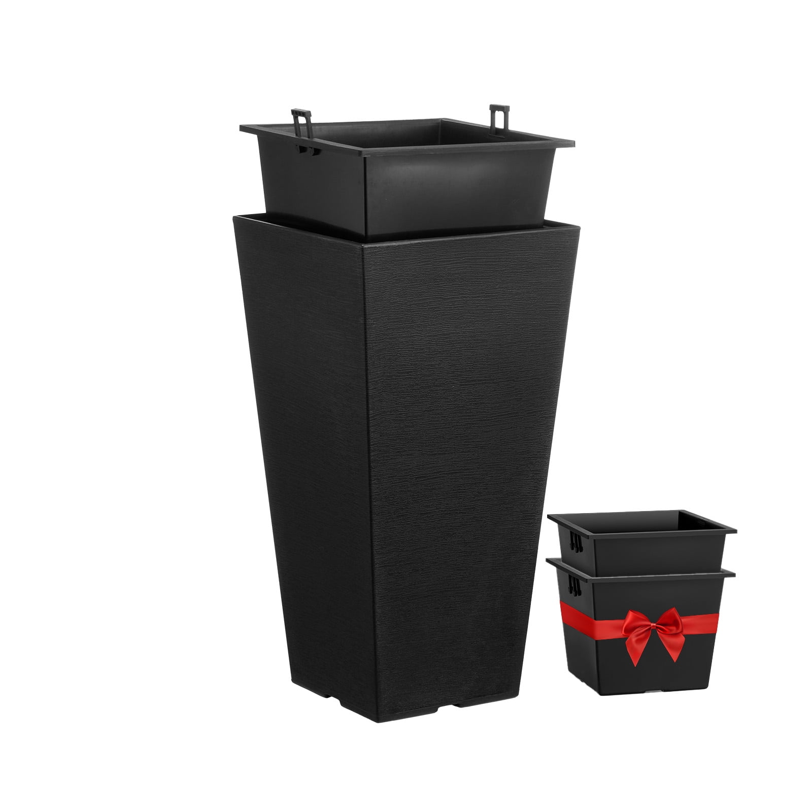 KFFKFF Set of 2 Tall Outdoor Planters 22inch, Large Planters For Outdoor Indoor Plants, Black Tapered Square Front Porch Planters Flower Tree Plant Pots with Modern Design and Built-in Drainage