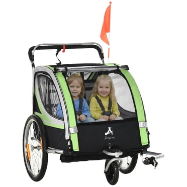 Aosom Child Bike Trailer with Storage, 5 Point Harness, Baby Stroller Green
