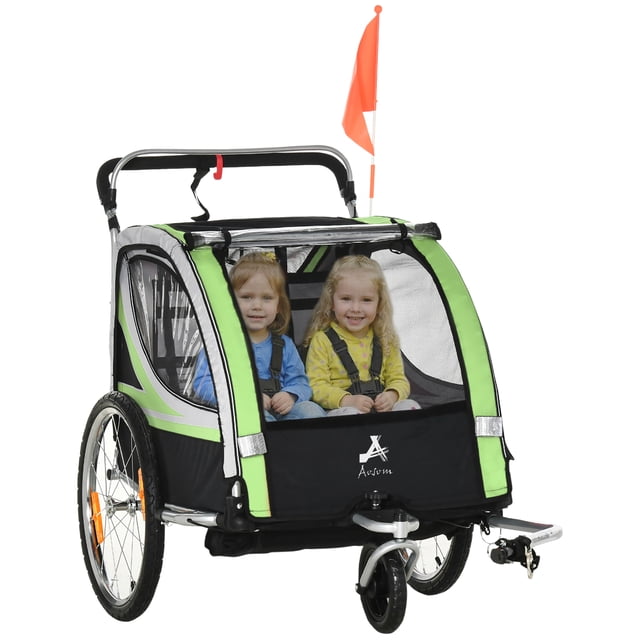 Aosom Remorque pour Vélo d'Enfant avec Rangement, Harnais à 5 Points, Poussette pour Bébé Verte