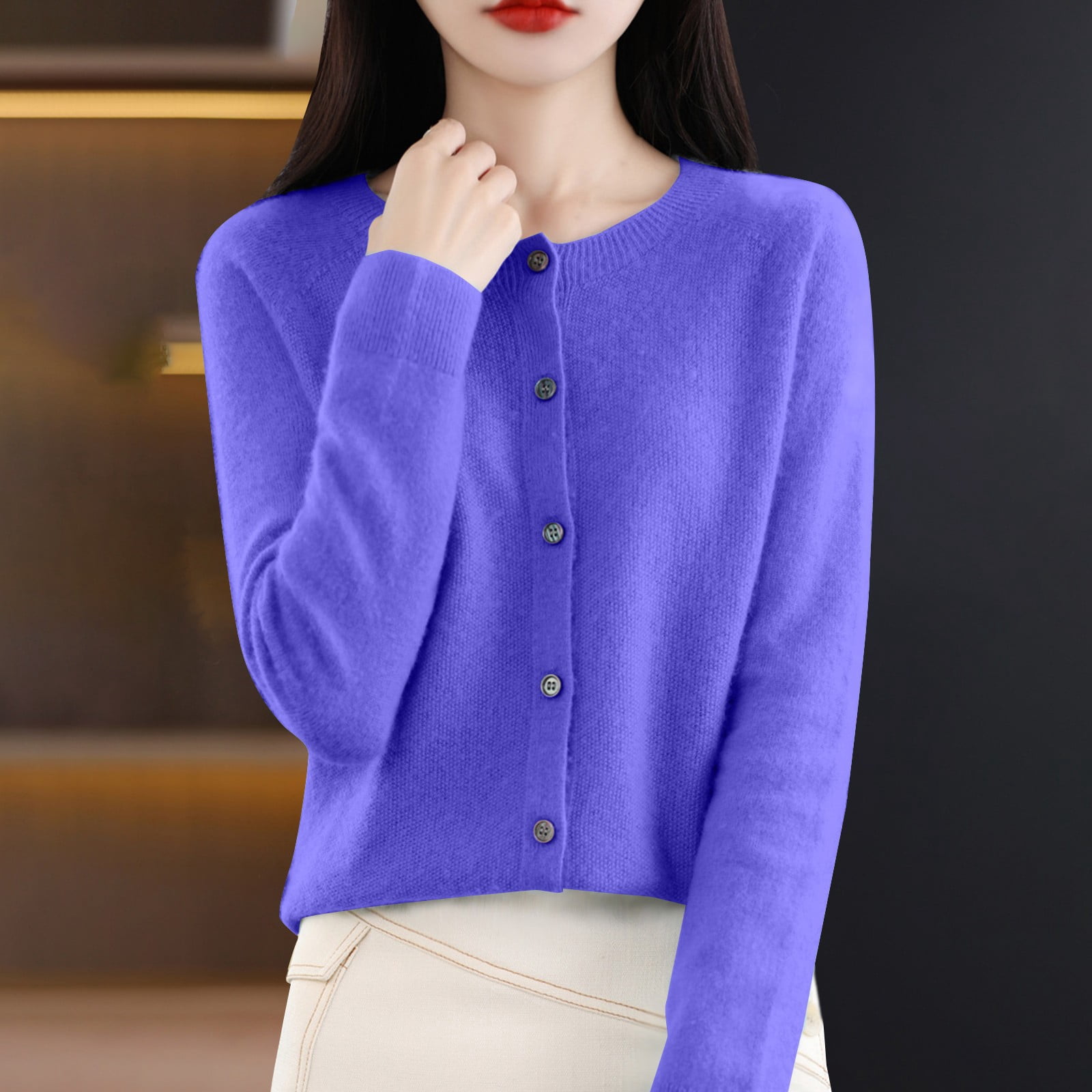 Baberdicy Haut en Tricot Uni pour Femme, Cardigan à Col Rond Ouvert à l'Avant, Cardigan Uni à Col Rond, Chandail en Tricot Décontracté, Haut de Tous les Jours Bleu TG