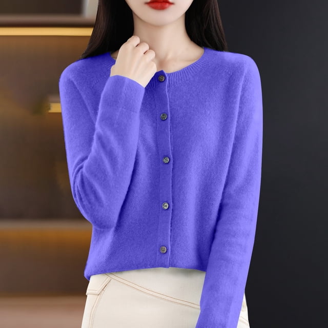Baberdicy Haut en Tricot Uni pour Femme, Cardigan à Col Rond Ouvert à l'Avant, Cardigan Uni à Col Rond, Chandail en Tricot Décontracté, Haut de Tous les Jours Bleu TG