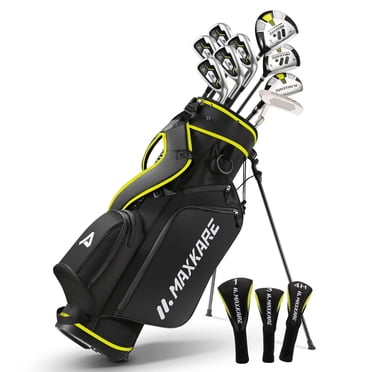 Ensemble Complet de Clubs de Golf Golf pour Hommes Régulier Ensemble Complet de 9 Pcs, 3 Couvre-Chefs, Sac avec Support - Main Droite, Jaune