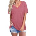 thumbnail image 1 of Nouveau T-Shirt Décontracté Col en V pour Femmes Manches Courtes Haut Ample Blouse Patchwork, 1 of 2