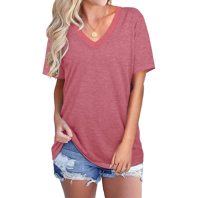Nouveau T-Shirt Décontracté Col en V pour Femmes Manches Courtes Haut Ample Blouse Patchwork