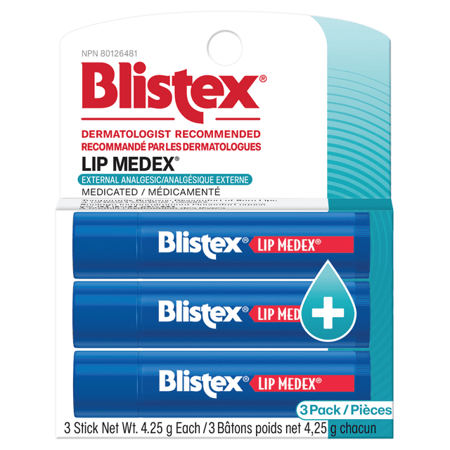 Blistex® Lip Medex® Analgesic Lip Protectant 3-pack containing three blue medicated lip balm sticks, each 4.25 g, formulated for external analgesic relief and moisturizing dry, sore lips, dermatologist recommended with bilingual English and French packaging.