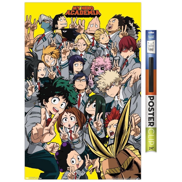 My Hero Academia - Affiche Murale Selfie, 22,375 Po x 34 Po, Représentant Plusieurs Personnages d'Anime en Uniforme Scolaire en Pose avec des Signes de Paix sur un Fond Jaune Vif, Imprimée sur Papier Lustré avec Pinces pour Affiche Incluses pour une Suspension Facile, Idéale pour la Déco Murale de Chambre Ou de Dortoir.