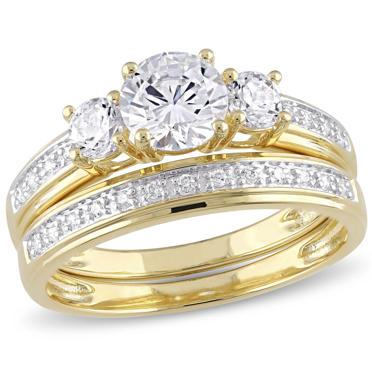 Miabella 2.20 Carat T.G.W Cubic Zirconia Yellow Rhodium-Plated Sterling Silver Three Stone Bridal Set