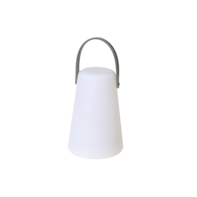 LED Outdoor Lantern WhiteGrey Handle with a tapered white plastic body and gray handle, designed to provide ambient lighting for outdoor spaces like patios and gardens, also suitable for indoor décor.