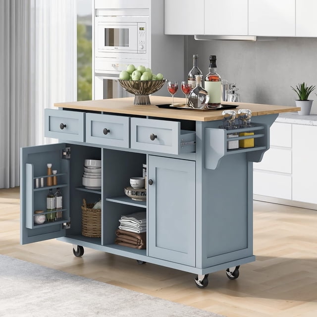 Modern Kitchen Island on 5 Wheels with Storage Cabinet and Drop-Leaf Countertop, Kitchen Cart with Cabinet Door Internal Storage Racks and 3 Drawers for Dinning Room (Grey Blue)