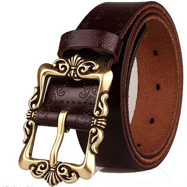 ORUYROP Coffee Retro Leather Pin Buckle Belt Flower Print Designer Belt for Women