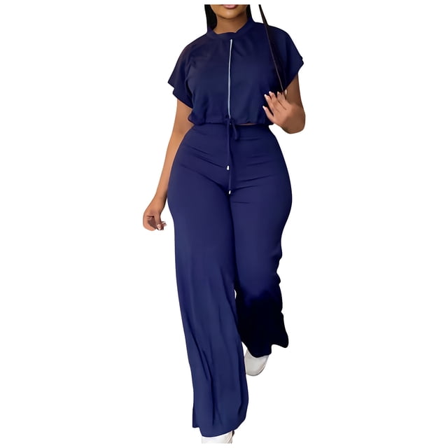Tenues de Vacances à la Plage pour Femmes Ensembles Deux Pièces pour Femmes Ensemble de Vêtements d'Été Femme Col Rond Manches Courtes Hauts Ensembles Pantalons Style Pantalon Cargo S_289 Survêtements pour Femmes Bleu m