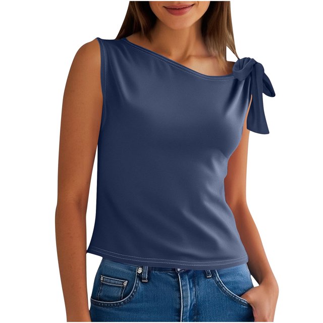 Timegard Womens Tank Tops Sleeveless Knot Strap Solid Color Comfy Slim Casual Cropped Tee Blouse Summer