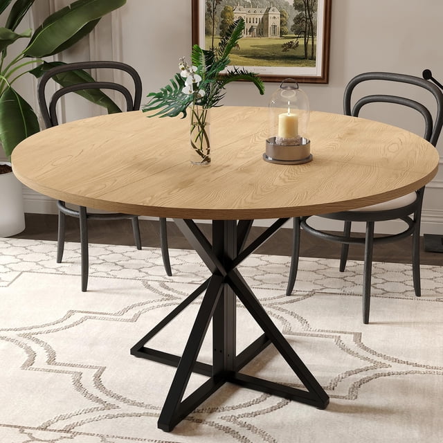 GloryStar Round Dining Table for 4, 47" Dining Table, Circle Table, Dining Room Table with Heavy Duty Metal Base, Round Kitchen Table for Kitchen Dinning Room(Only Table)