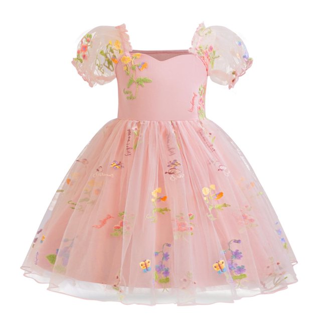 Yanlir Robe d'Été en Dentelle pour Fille, Princesse, à Volants, Sans Manches, Broderie, Tulle, Nœud, Robes; Robe de Fête à Col Rond; Tenue Imprimée Mode Printemps Été pour Enfants (Rose, 2 Ans)