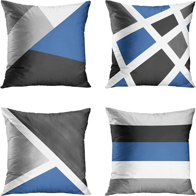Set of 4 Throw Pillow Covers Modern Abstract Stripe Simple Geometric Acrylic Bold Decorative Pillow Cases Home Decor Square 16x16 Inches Pillowcases(Grey Blue)