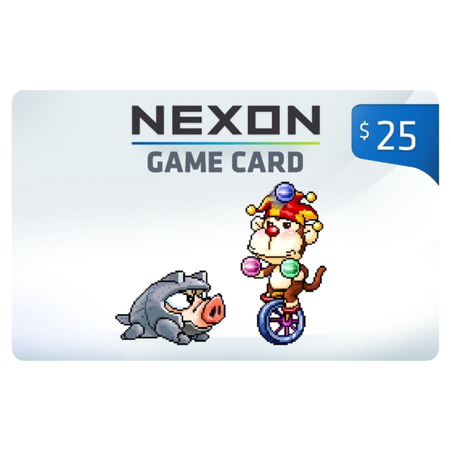 Nexon Game Card $25 Gift Card digital code featuring pixel art of a monkey in a jester hat juggling colorful balls while riding a unicycle, next to a small boar in a shark costume, on a white background with the Nexon logo and $25 value displayed.
