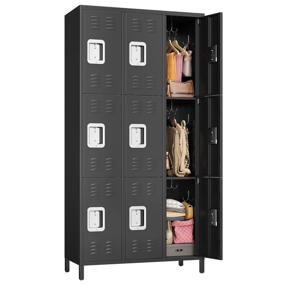 9 Door Metal Locker Cabinet, Heavy Duty Lockable Steel Storage with Independent Locks and Hooks, Rust Proof Ventilated Organizer for Office School Gym, Black