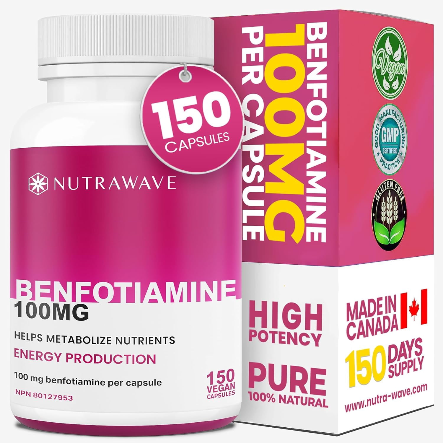 Nutrawave Benfotiamine (Vitamin B1) 100 mg – High-Absorption B1 for Nerve & Energy Support, 150 Vegan Capsules, Non-GMO, Gluten-Free, Made in Canada
