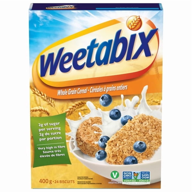 Weetabix 400 g whole grain cereal box containing 24 biscuits, high in fibre and low in sugar, showing biscuits splashing in milk with blueberries, labeled non-GMO verified and suitable for vegetarians, often enjoyed as a wholesome breakfast or snack.