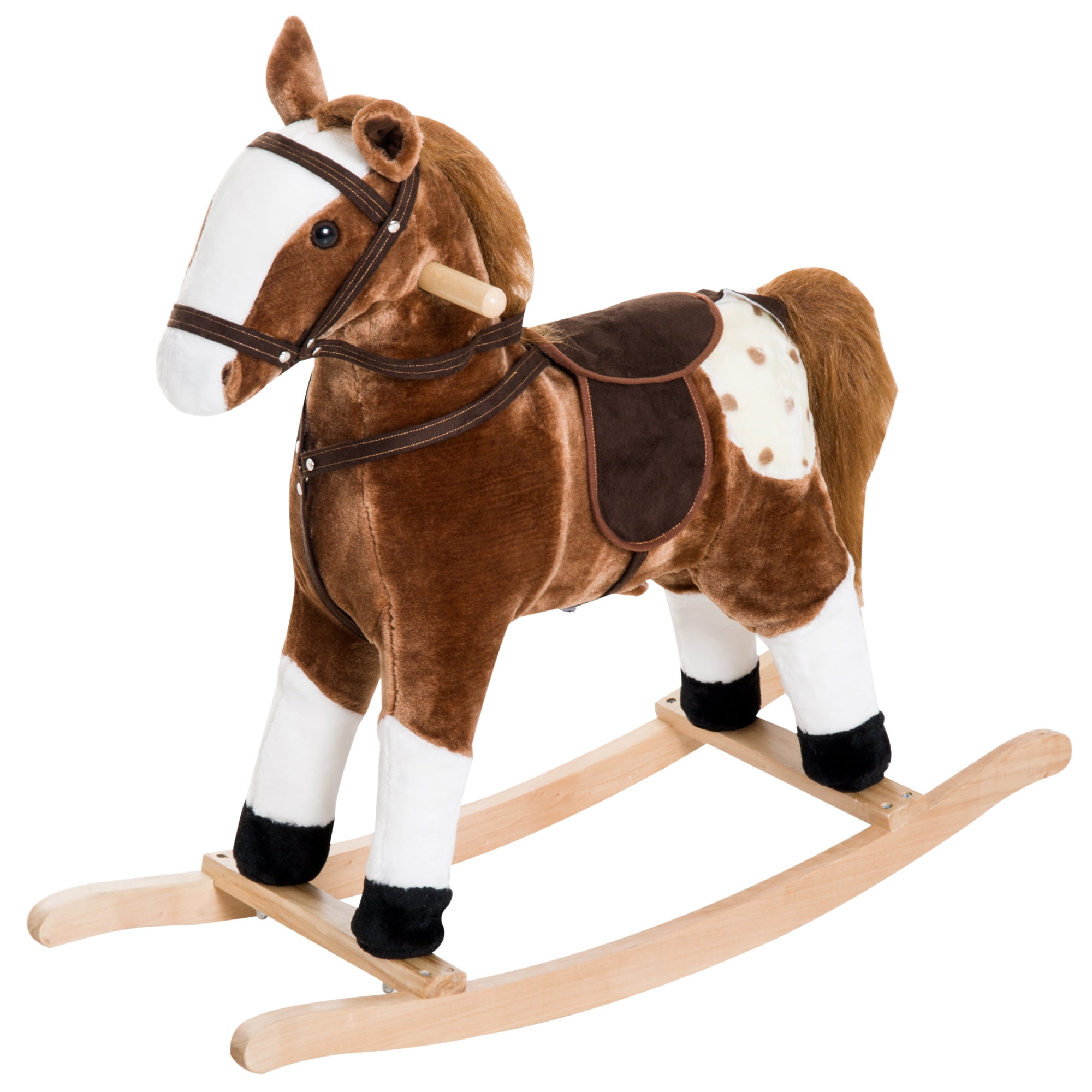 Qaba Cheval à Bascule pour Bébé, Animal en Peluche à Bascule pour Enfants, Jouet à Chevaucher pour Enfant avec Son Réaliste, Poignée de Préhension, Brun