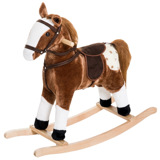 Qaba Cheval à Bascule pour Bébé, Animal en Peluche à Bascule pour Enfants, Jouet à Chevaucher pour Enfant avec Son Réaliste, Poignée de Préhension, Brun