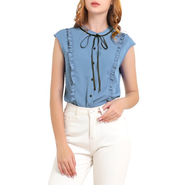 INSPIRE CHIC Women's Tie Neck Cap Sleeve Button Down Ruffle Summer Shirts