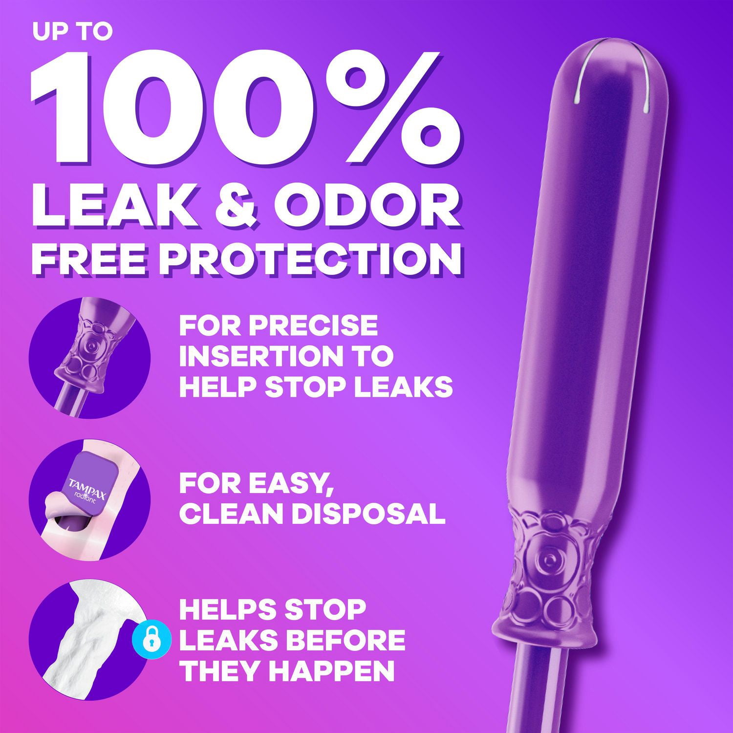 Tampons Tampax Radiant, avec tresse anti-fuites LeakGuard, degrés d’absorption régulier/super, emballage multiple, marque de tampon n° 1, non parfumés, 52 tampons