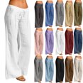 thumbnail image 1 of Yuyuzo Womens Cotton Linen Pants Causal Summer Elastic Waist Wide Leg Beach Vacation Palazzo Trousers, 1 of 7