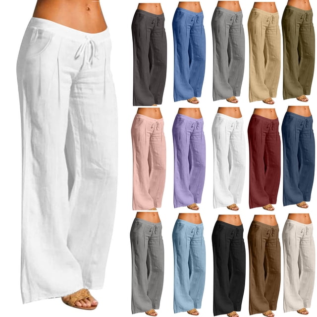 Yuyuzo Womens Cotton Linen Pants Causal Summer Elastic Waist Wide Leg Beach Vacation Palazzo Trousers