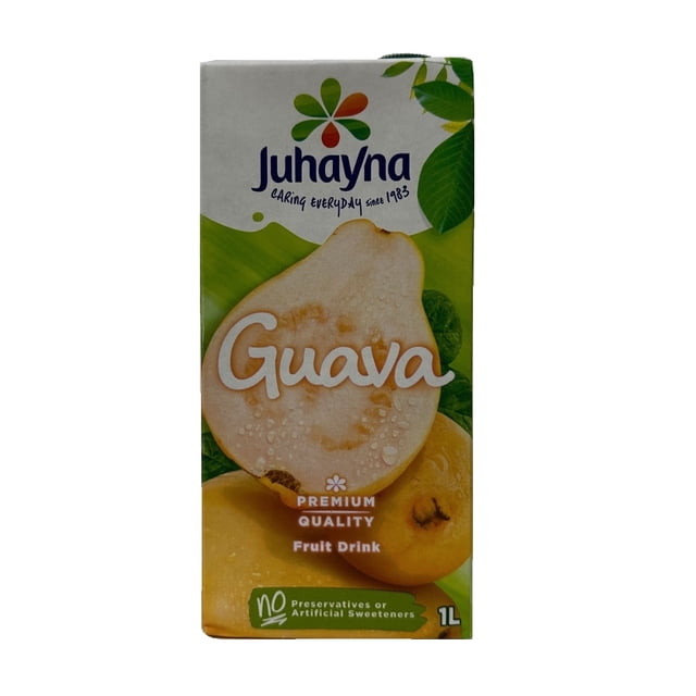 Juhayna Guava Drink Classics 1L carton with a front view of a guava fruit slice showing water droplets and green leaves, labeled premium quality fruit drink with no preservatives or artificial sweeteners, suitable for vitamin C-rich refreshment.