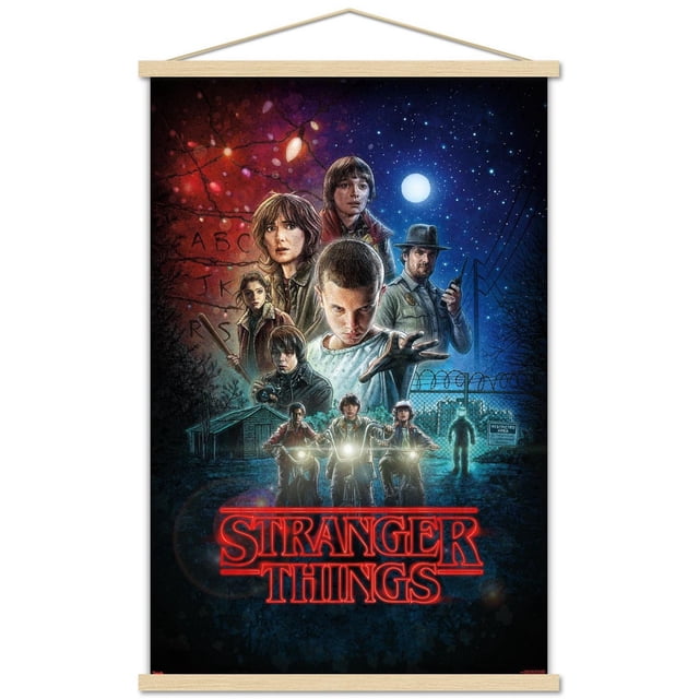 Netflix Stranger Things - One Sheet Wall Poster, 22.375" x 34", depicting illustrated characters from the series including children on bicycles with headlights, a sheriff holding a radio, and a background split between red Christmas lights with alphabet letters and a starry night sky with a full moon and a restricted area fence.