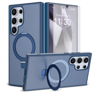 Asuwish Phone Case for Samsung Galaxy S24 Ultra 5G Tempered Glass Screen Protector Magnetic Folding Stand Frosted Translucent Rugged Shockproof Protective Cell Cover S24Ultra 24S S 24 Women Men Blue