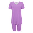 thumbnail image 4 of Ensembles d'Entraînement pour Femmes 2 Pcs Mode pour Femmes Blouse à Col en V de Couleur Unie Hauts à Manches Courtes Shorts Ensembles de Tenue Décontractée Ensembles de Détente d'Été pour Femmes en Liquidation, 4 of 4