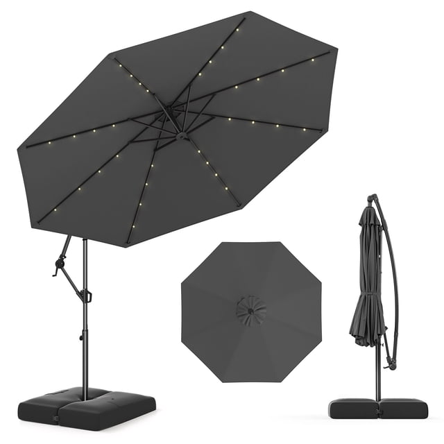 Gymax Parasol Suspendu Déporté Solaire de 10 Pi pour Patio avec 32 Lumières DEL, Gris